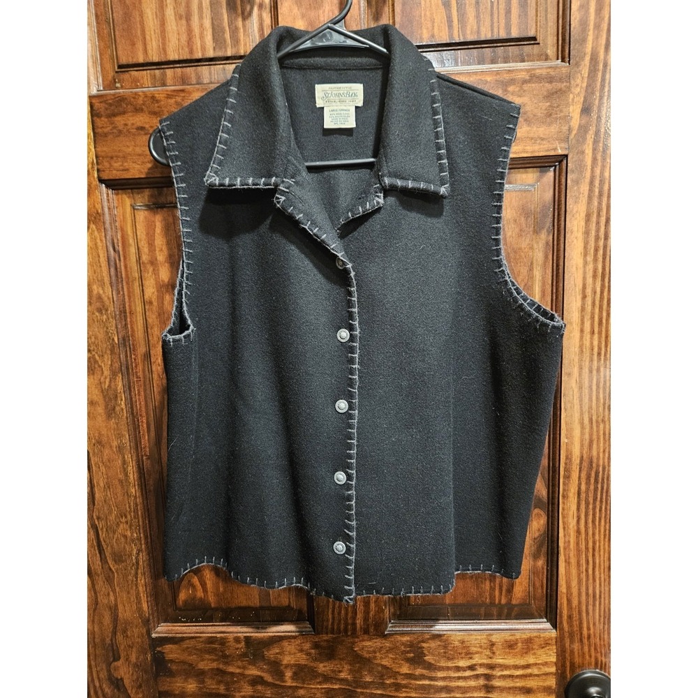 St John's Bay Wool Mix Women Size Large Black Vest With Stitching Button Up